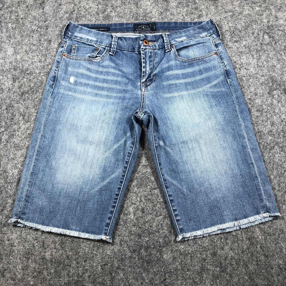 Lucky Brand Boardwalk Bermuda Shorts Womens 8/28 Blue Denim Frayed Cutoff